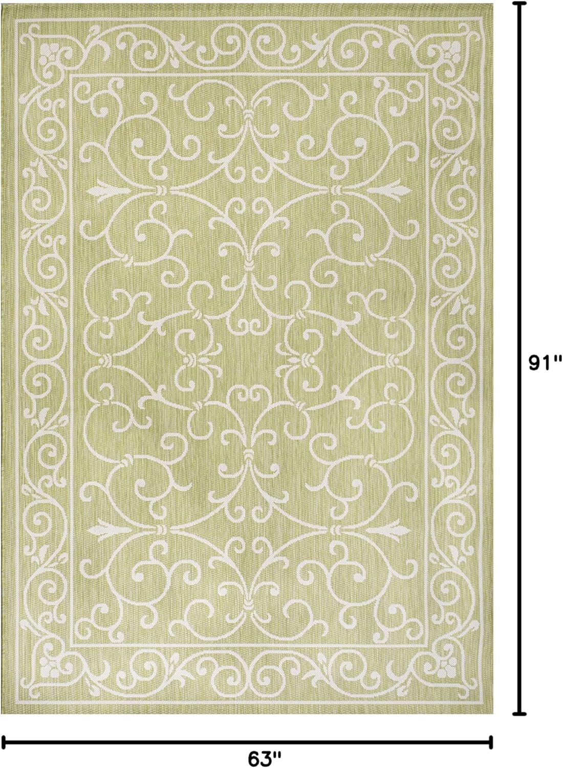 JONATHAN Y Vintage Filigree Indoor Outdoor Area Rug 5X8 Green/Cream, Charleston Textured Weave for
