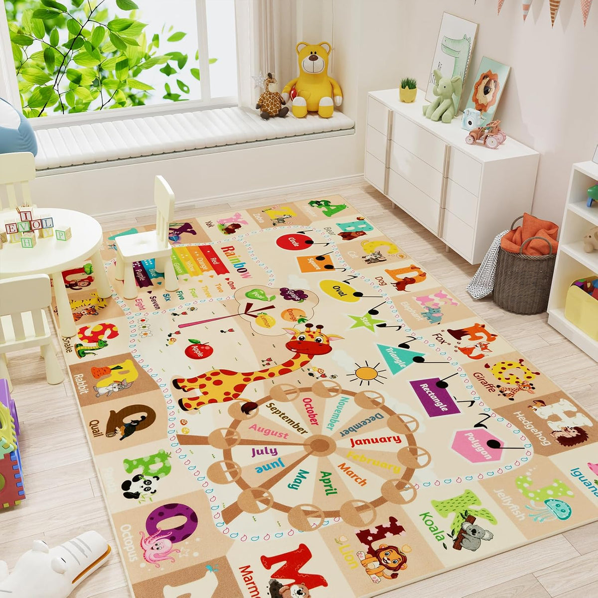 4x6 Playroom Rugs for Kids Washable, Educational and Fun Playmat with ABC Alphabet Animals Shapes