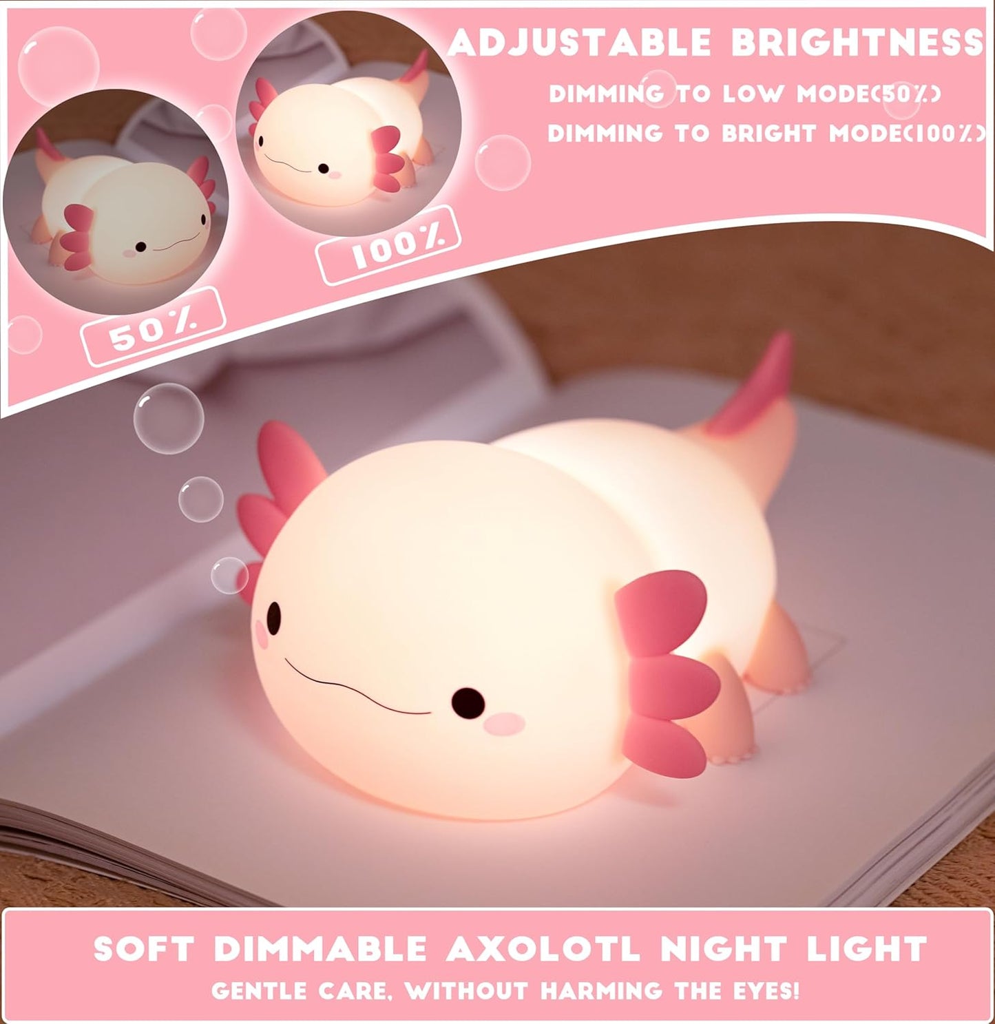 HAPPYBAG Axolotl Night Light,Cute Axolotl lamp Gifts for Kids,Dimmable Silicone Animal Nursery
