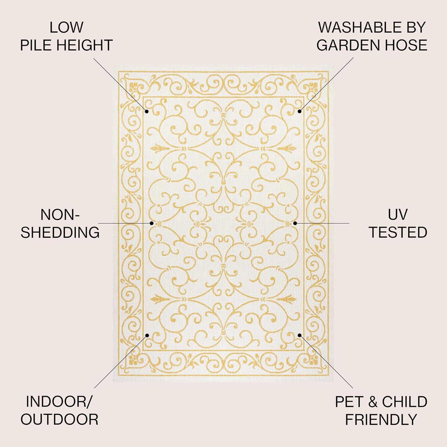 JONATHAN Y Vintage Filigree Indoor Outdoor Area Rug 3X5 Cream/Yellow, Charleston Textured Weave for