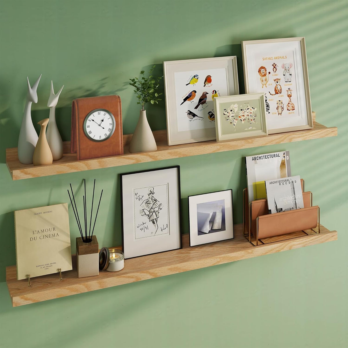 Floating Picture Ledge Shelves 48 Inch Solid Oak Wood Set of 2, Rustic Wall Storage Shelves with
