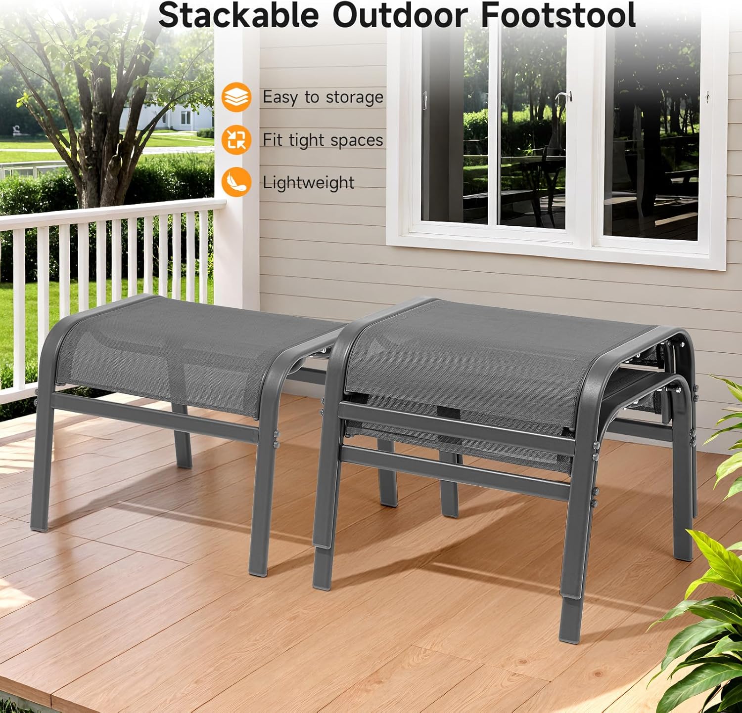 Outdoor Ottoman Set of 2, All Weather Outdoor Foot Stool with Supportive Textliene and Metal Frame