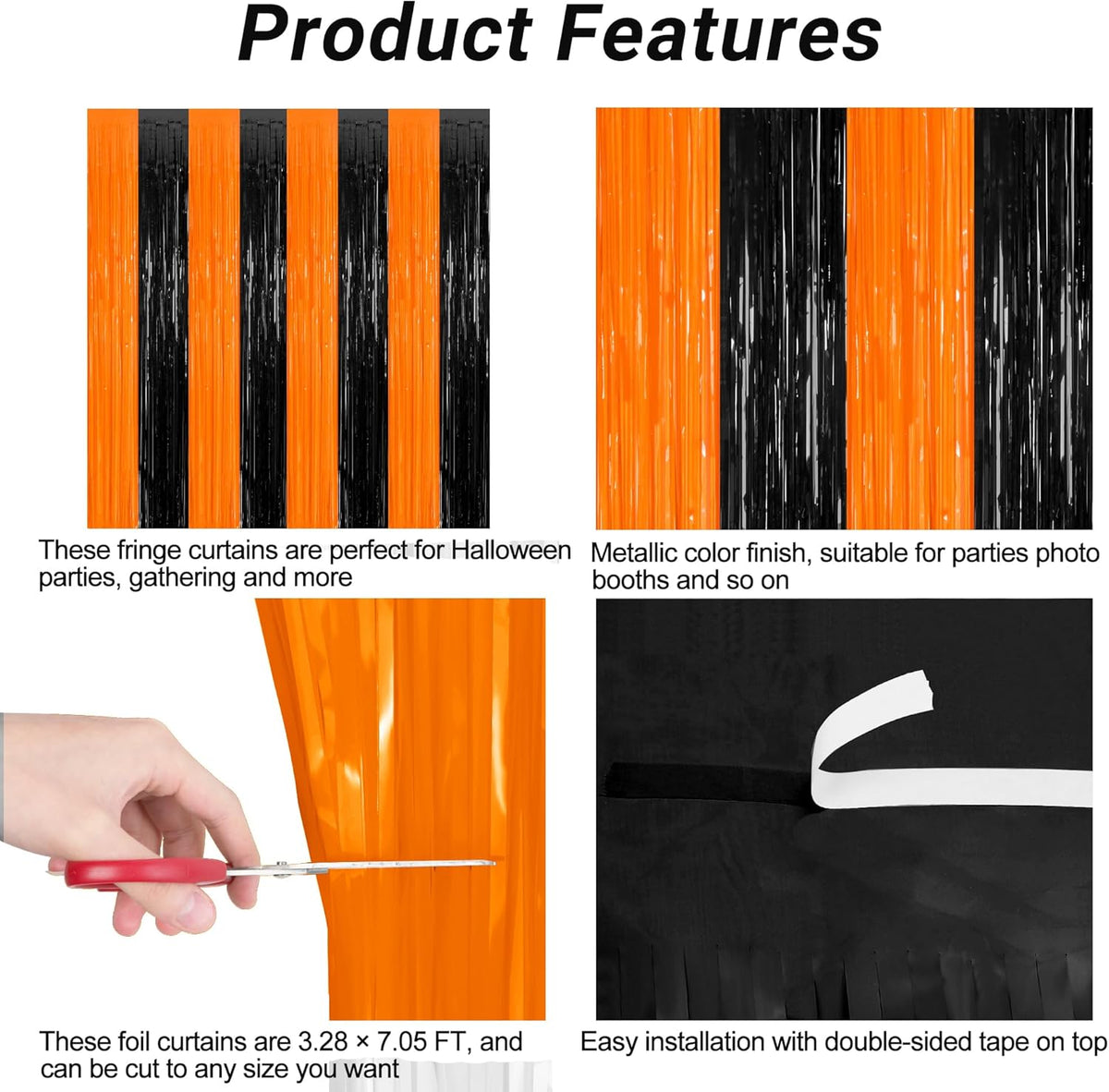 2 Pack Halloween Photo Backdrop, 3.28 FT x 7.05 FT Orange and Black Party Streamer, Metallic Foil