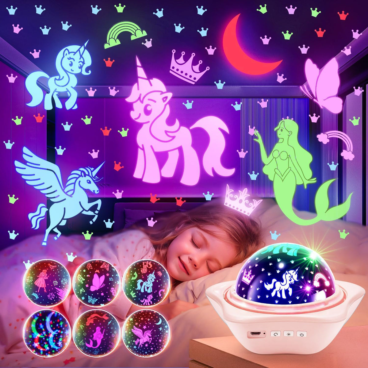 One Fire Unicorns Gifts for Girls Toys, 6 Films Unicorn Night Light Projector for
