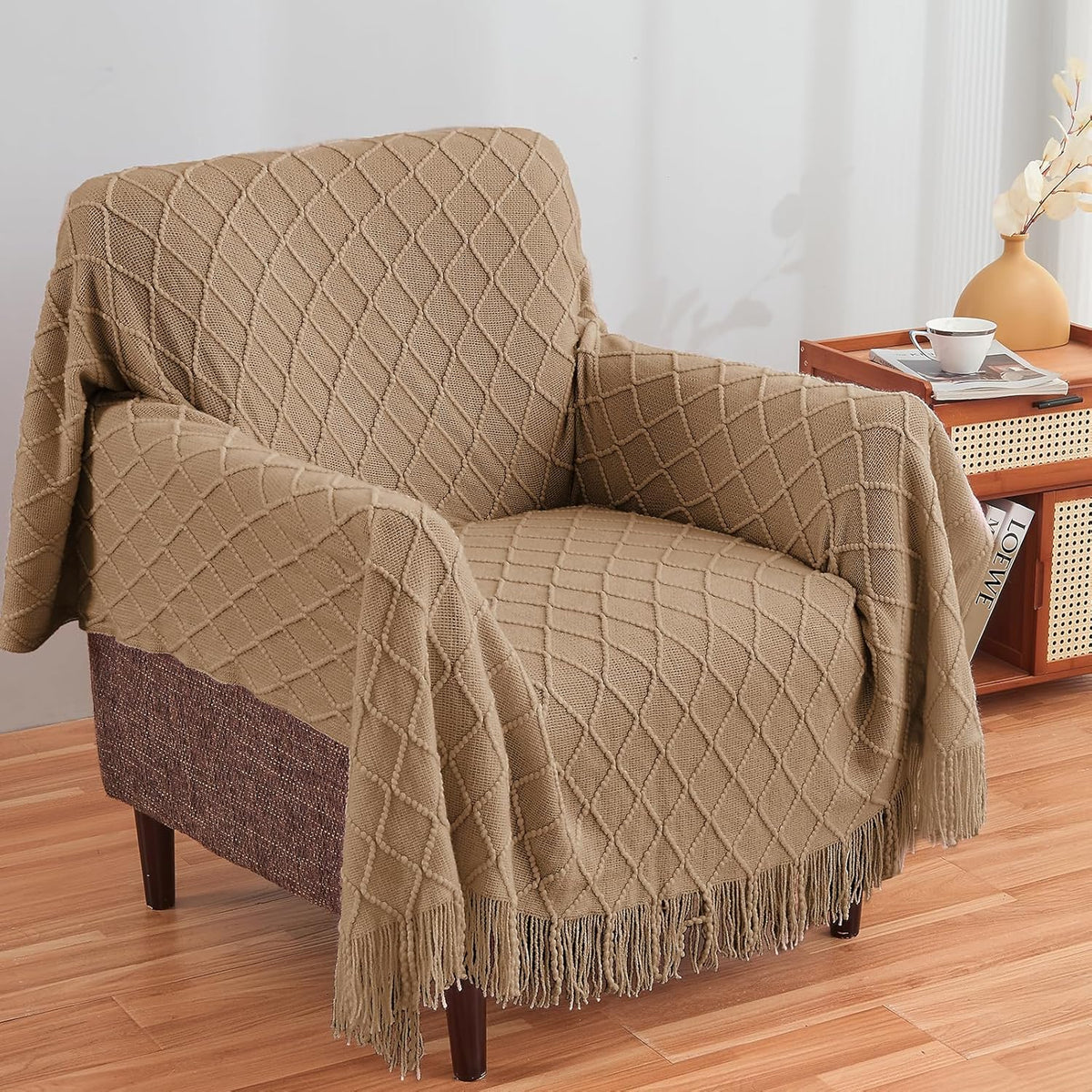 inhand Knitted Throw Blankets for Couch and Bed, Soft Cozy Knit Blanket with Tassel, Khaki