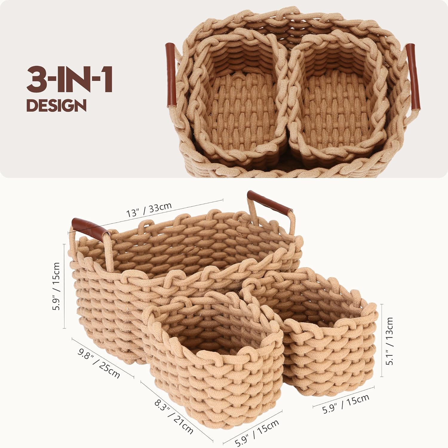 Sea Team 3-Pack Rectangle Woven Cotton Rope Storage Baskets with Handles, Shelf Basket, Closet