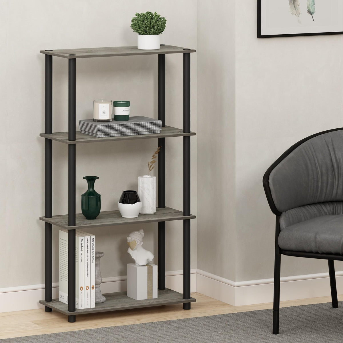 Furinno Turn-N-Tube Storage Shelves, 4-Tier Book Shelf, Corner Shelf, Toolless Open Shelves, for