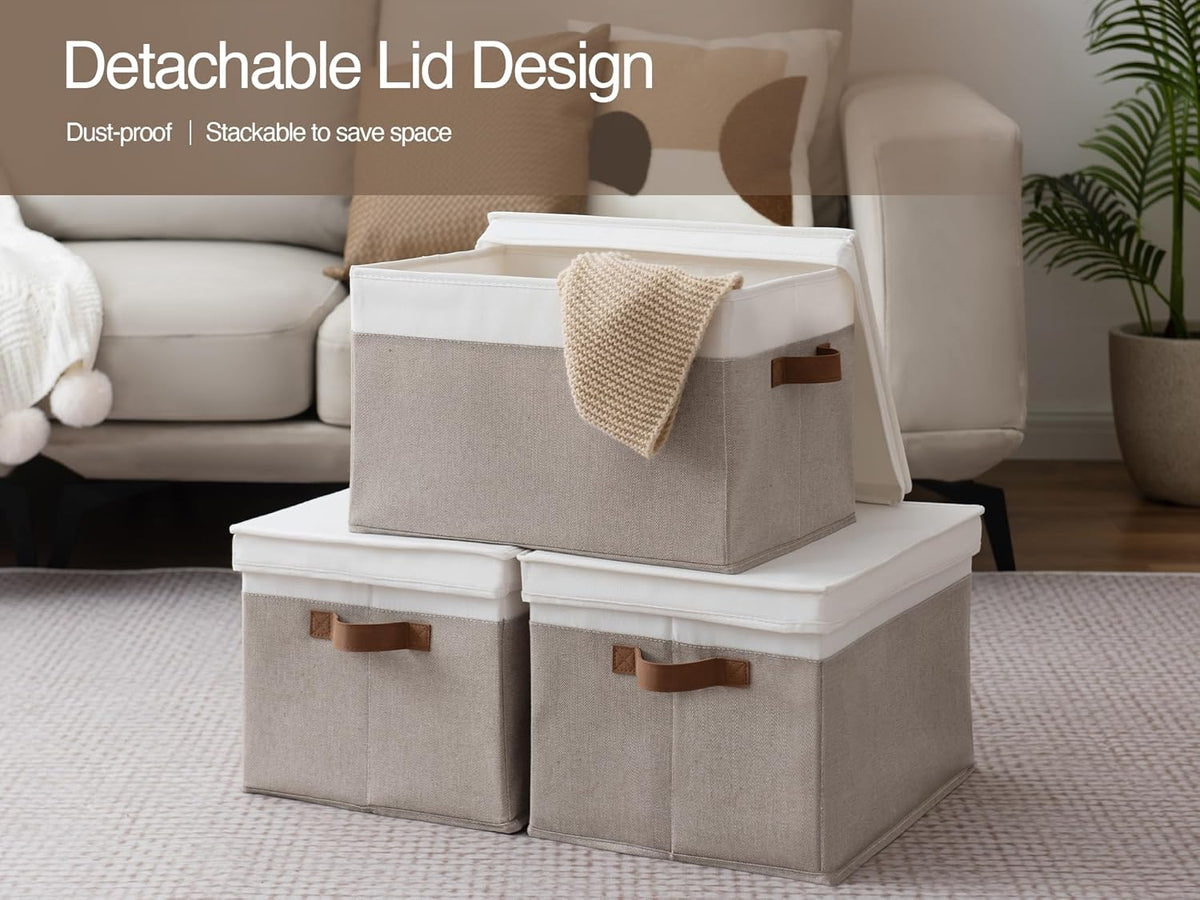 StorageWorks Storage Bins with Lids, Decorative Storage Boxes with Lid and PU Handles, Foldable
