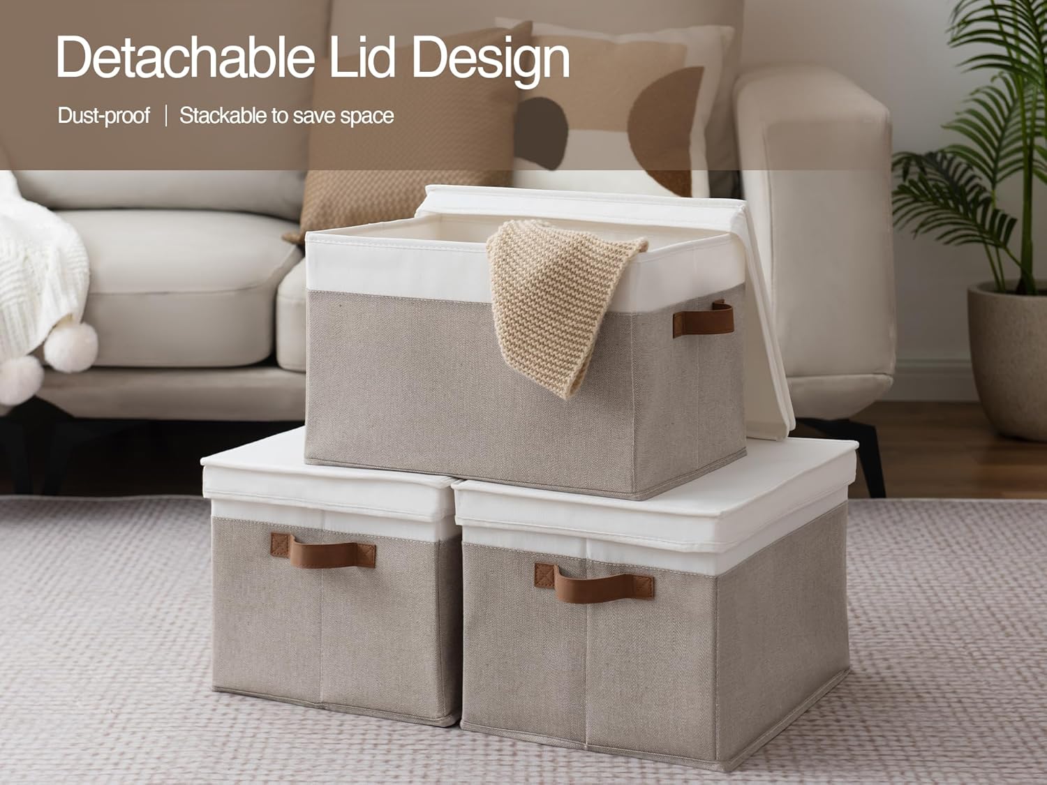 StorageWorks Storage Bins with Lids, Decorative Storage Boxes with Lid and PU Handles, Foldable