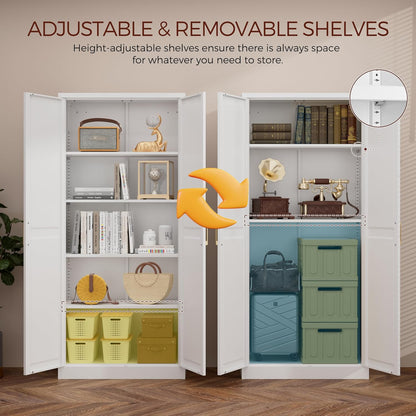 71" Tall Metal Pantry Cabinet, White Kitchen Pantry Storage Cabinet with 4 Adjustable Shelves and