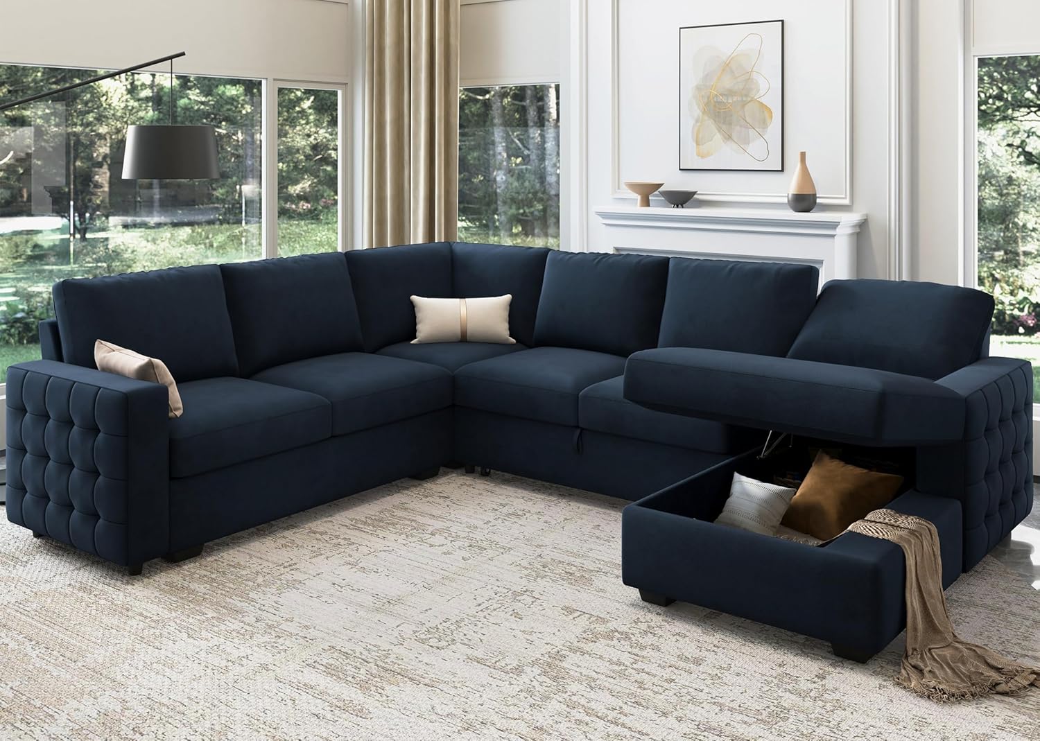 HONBAY Sectional Sleeper Sofa with Pull Out Bed U-Shape Sectional Couch Sleeper Bed with Storage