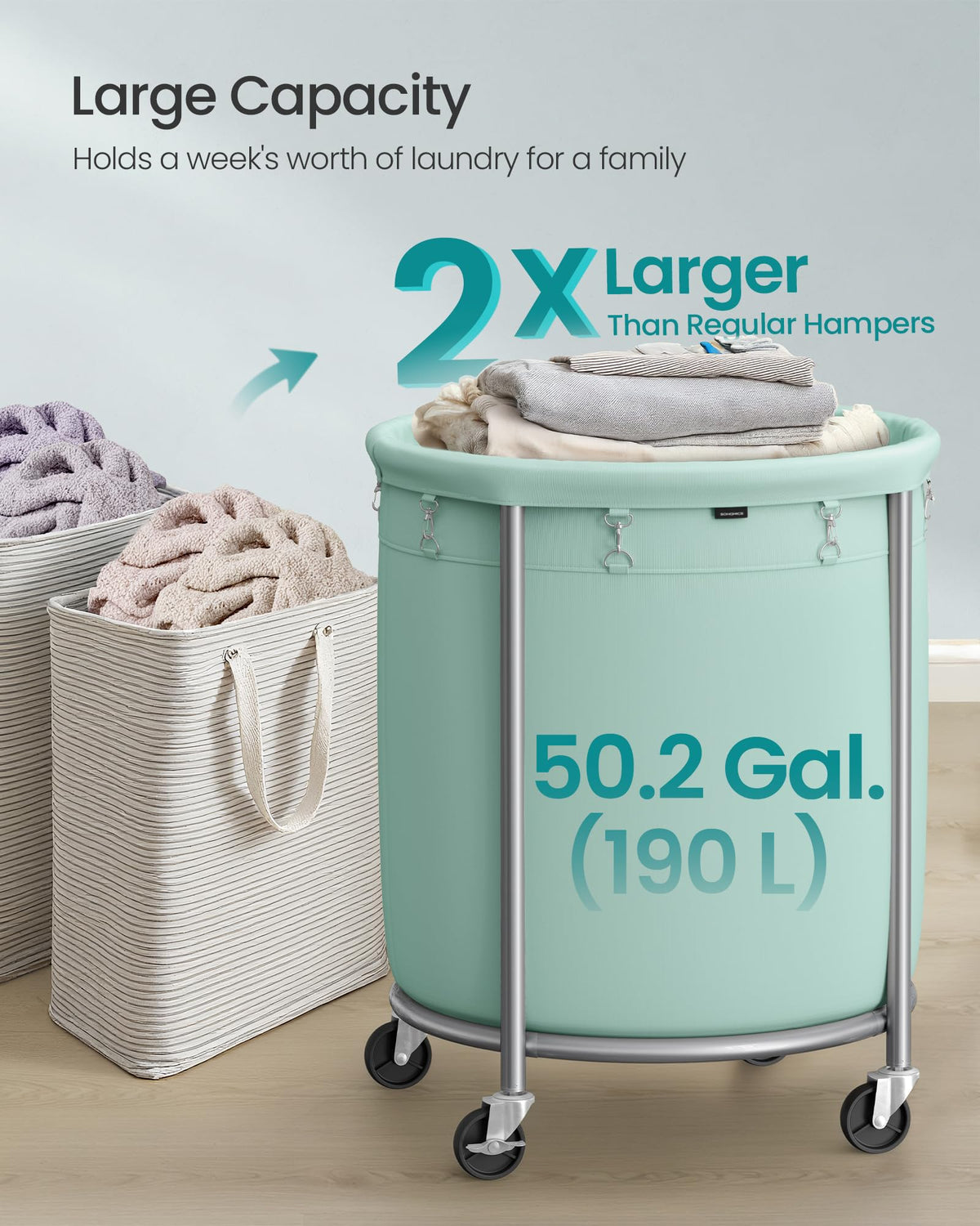 SONGMICS Laundry Basket, Rolling Steel Frame with 2 Locking Wheels, 190 L