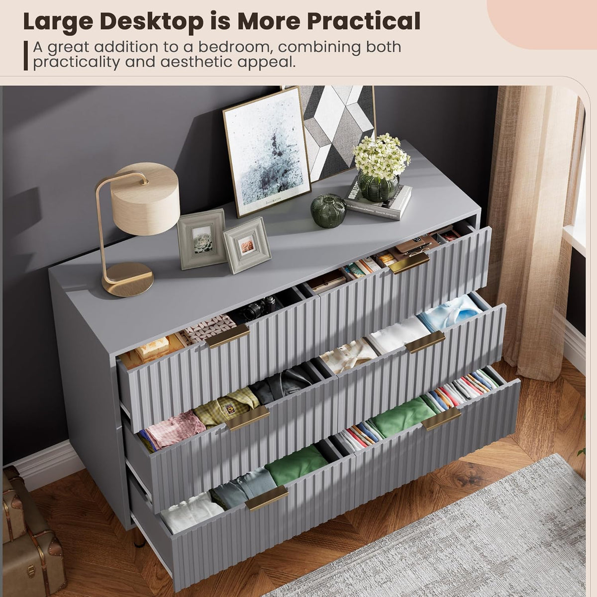 6 Drawer Dresser for Bedroom, Fluted 47.2" Wide Modern Chest of Drawers with Deep Drawers, Long
