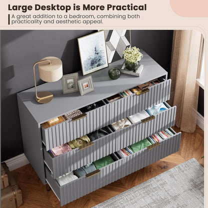 6 Drawer Dresser for Bedroom, Fluted 47.2" Wide Modern Chest of Drawers with Deep Drawers, Long