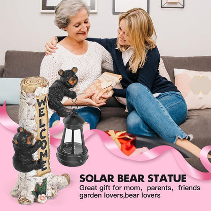 Json Garden Bear Statue with Solar LED Lantern, Gifts for Mom Yard Art, Whimsical Figurine Large