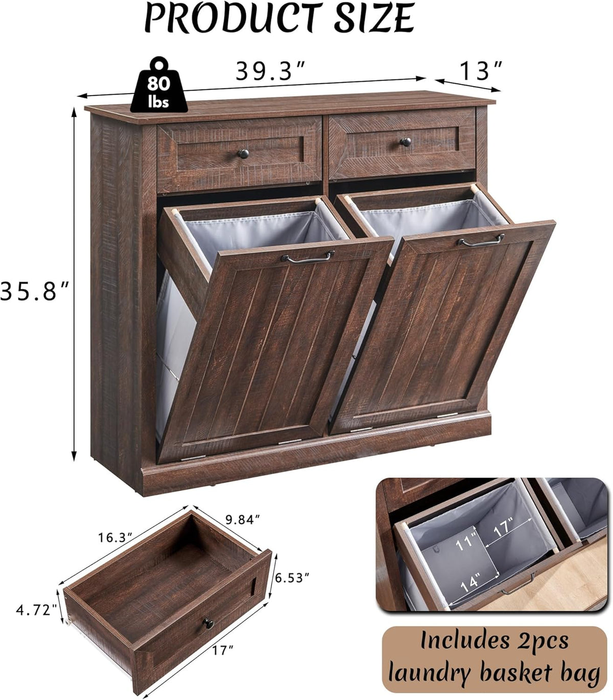 Double Tilt Out Laundry Hamper Cabinet, 20 Gallon Farmhouse Trash Can Cabinet with Drawer, Hidden