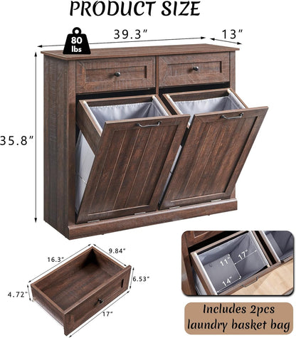 Double Tilt Out Laundry Hamper Cabinet, 20 Gallon Farmhouse Trash Can Cabinet with Drawer, Hidden