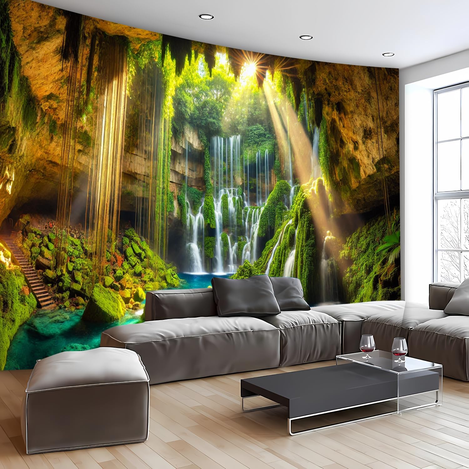 BSFHH Nature Tapestry Forest Tree Sea Cave Wall Hanging, Stream Through Rainforest Landscape Wall