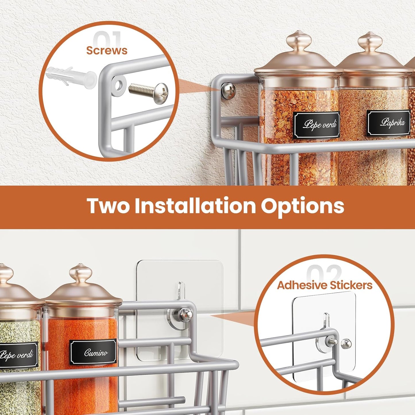 5 Pack Spice Rack Seasoning Organizer Wall Mount, Screw or Adhesive Hanging Shelf Basket Spice