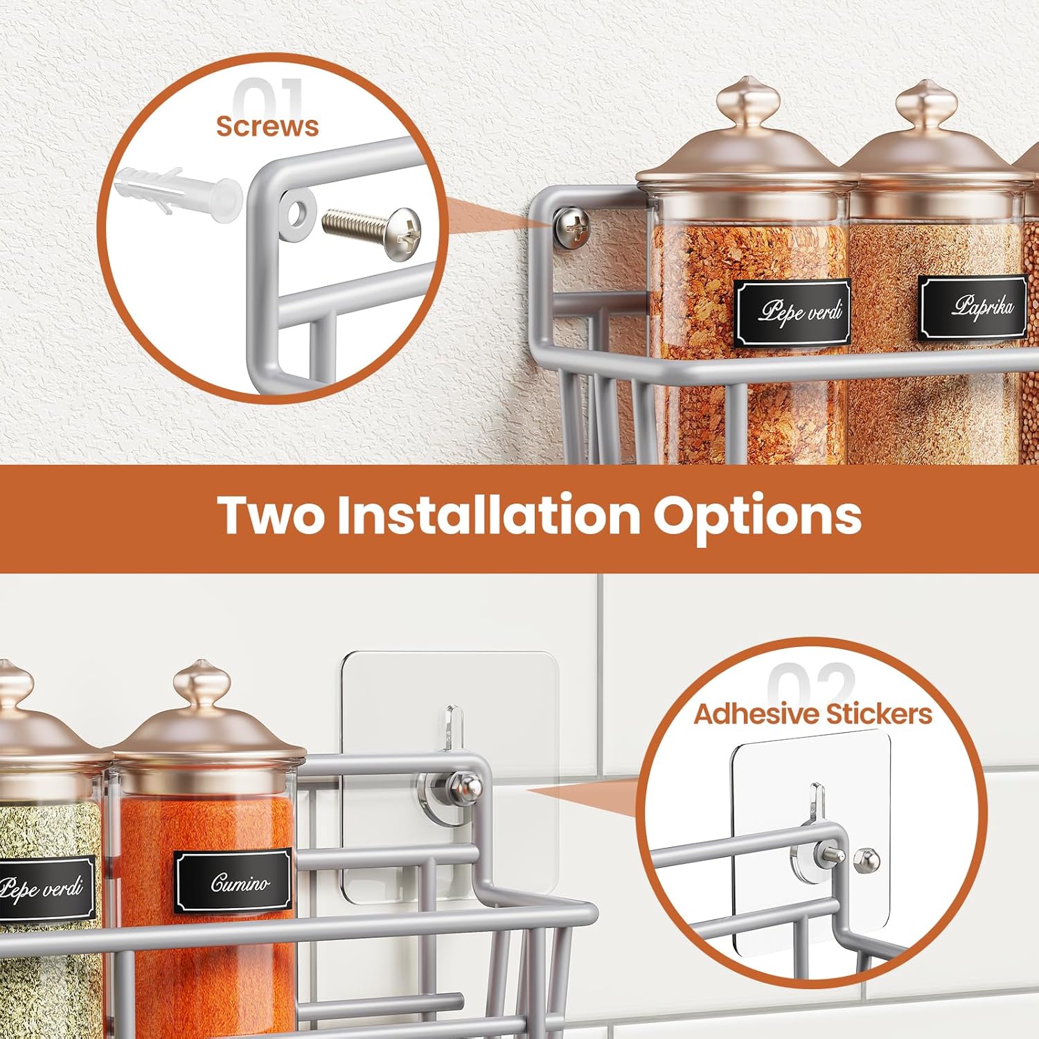 5 Pack Spice Rack Seasoning Organizer Wall Mount, Screw or Adhesive Hanging Shelf Basket Spice