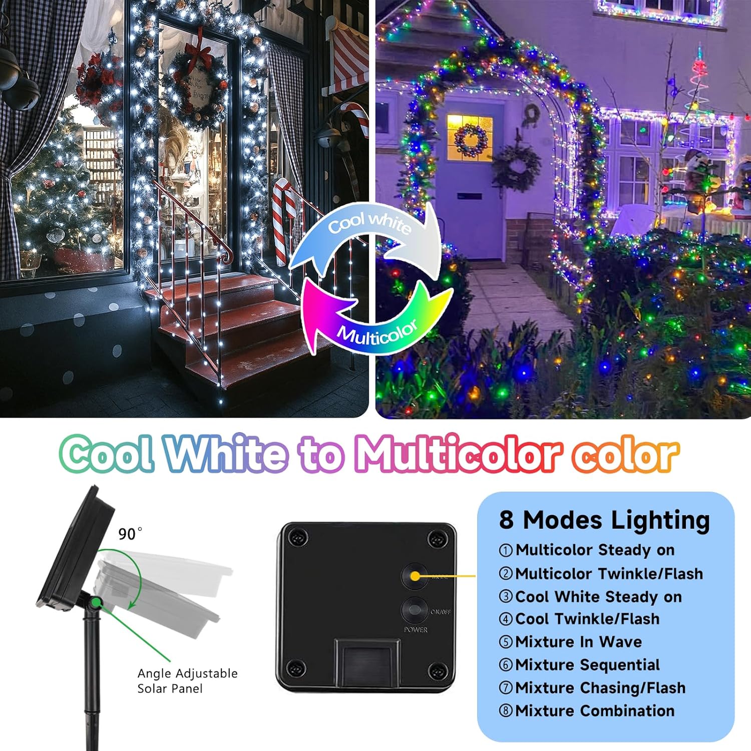 SANJICHA Cool White and Multicolor Color Changing Solar String Lights, Extra-Long 2PK 144FT 400LED
