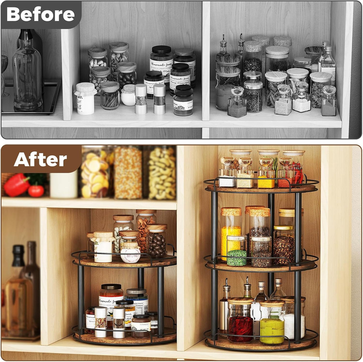 LAMU 12.2'' Wood Lazy Susan Turntable Organizer for Cabinet, 3 Tier Lazy Susan Spice Rack Organizer