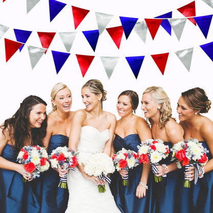 Red Blue Silver Party Decorations Metallic Fabric Triangle Pennant Banner Flag Bunting Garland for