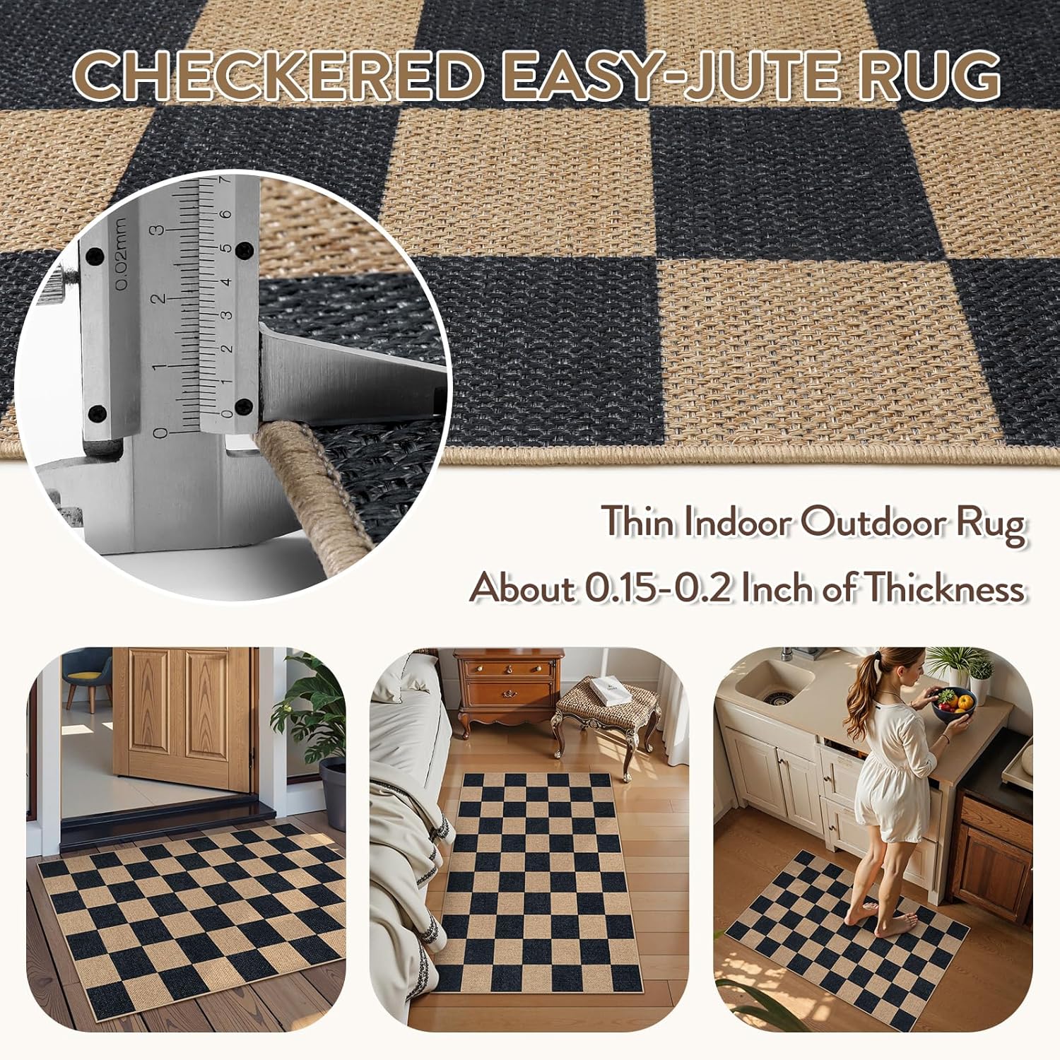 Lahome Checkered Easy Jute 2x3 Rug, Small Entryway Rug Non Slip Kitchen Front Door Mat, Farmhouse