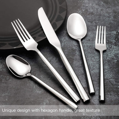 Silverware Set Flatware Set Stainless Steel Heavy Cutlery Set Hexagon Handle Mirror Finished 60