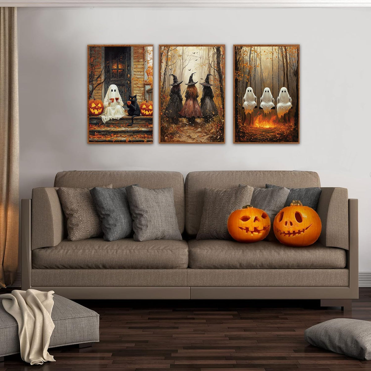 HLNIUC Framed Halloween Canvas Wall Art,Dark Witch Crow Raven Prints,Black Cat Decor,Horror Gothic