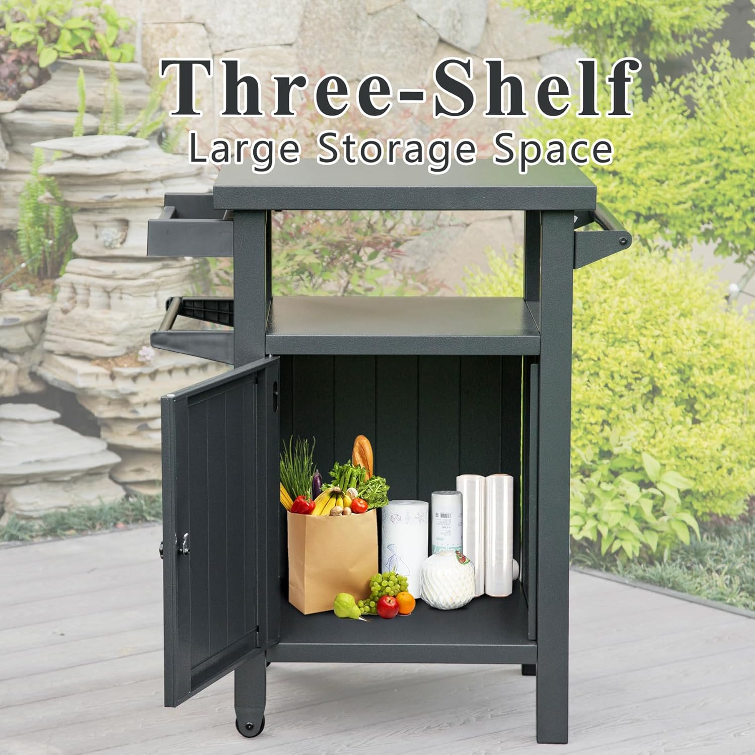 Domi Grill Carts Outdoor with Storage and Wheels, Whole Metal Portable Table and Storage Cabinet