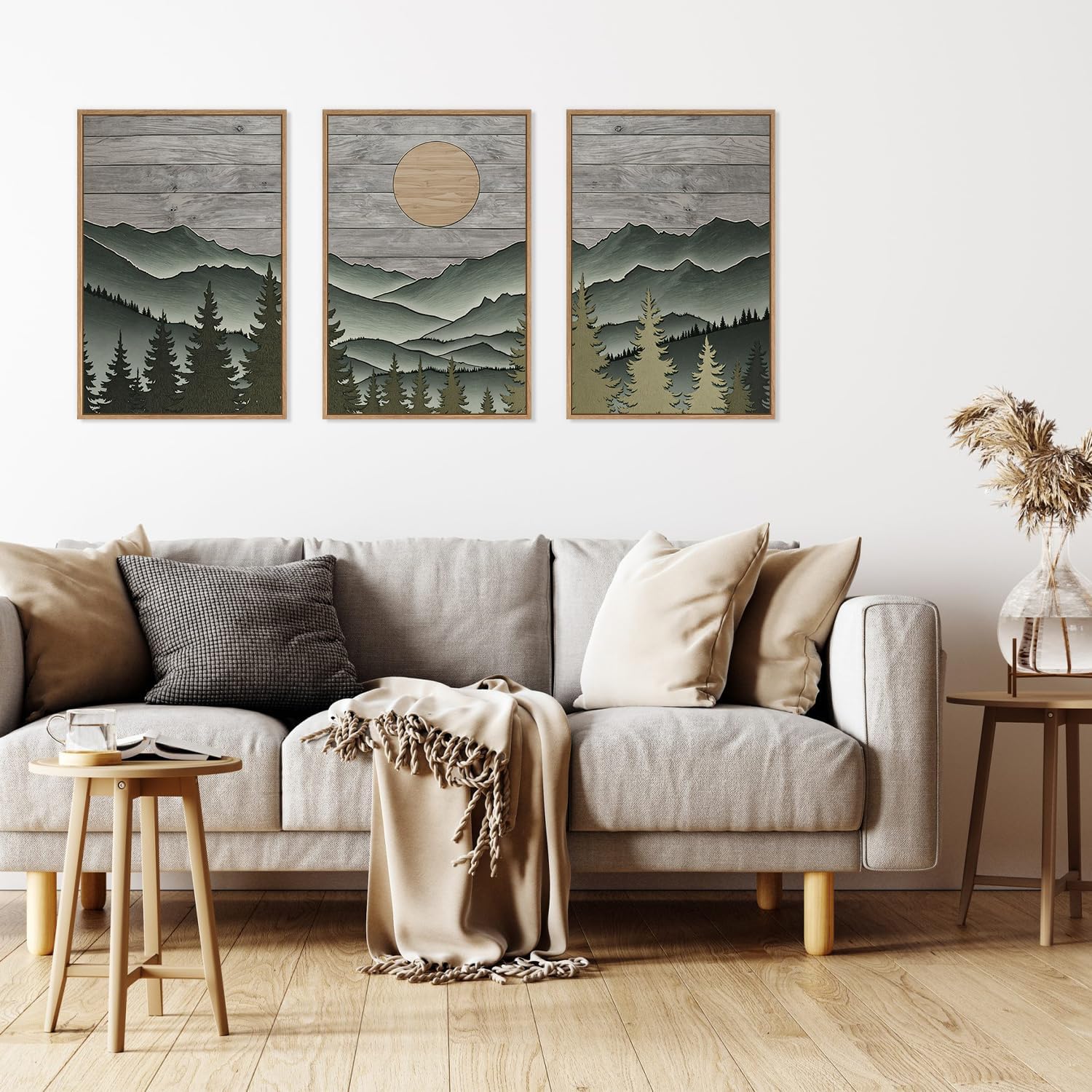 HLNIUC Mountain Framed Canvas Wall Art,Large Green Forest Woodcut Wall Decor Set of