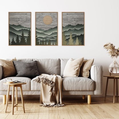 HLNIUC Mountain Framed Canvas Wall Art,Large Green Forest Woodcut Wall Decor Set of