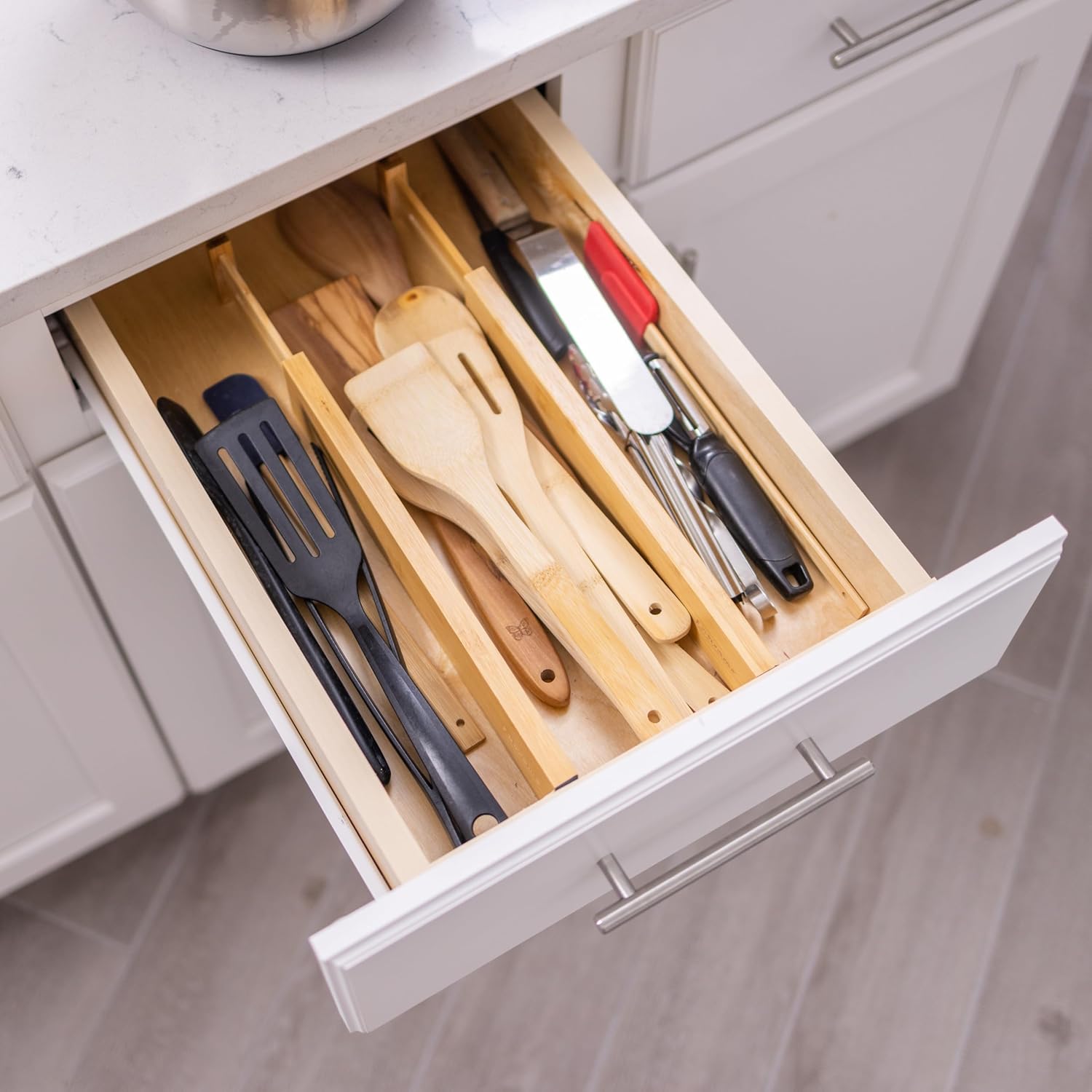 Fabsome Drawer Divider 6 Pack, Bamboo Kitchen Dividers Organizers Adjustable 17''-22'', Wooden