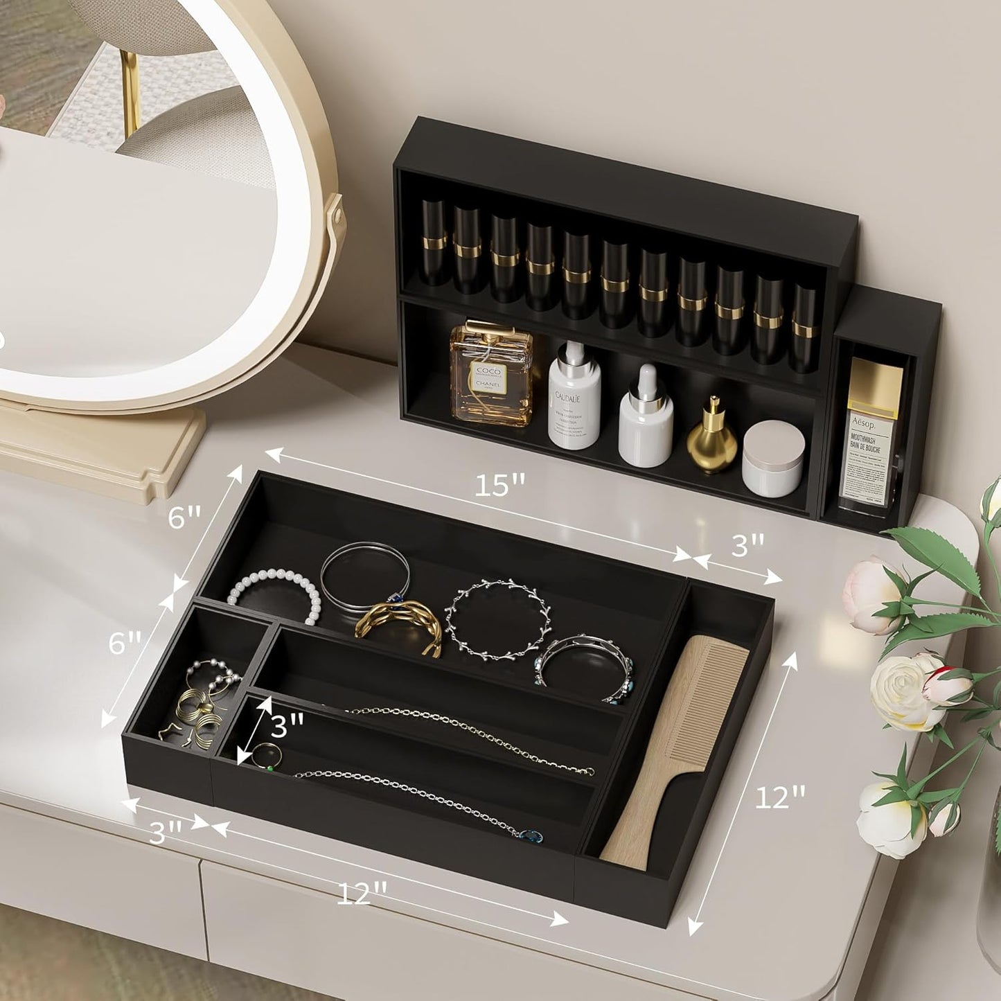 Kitchen Drawer Organizer Tray, Stackable Black Bamboo Drawer Organizer for Large Silverware
