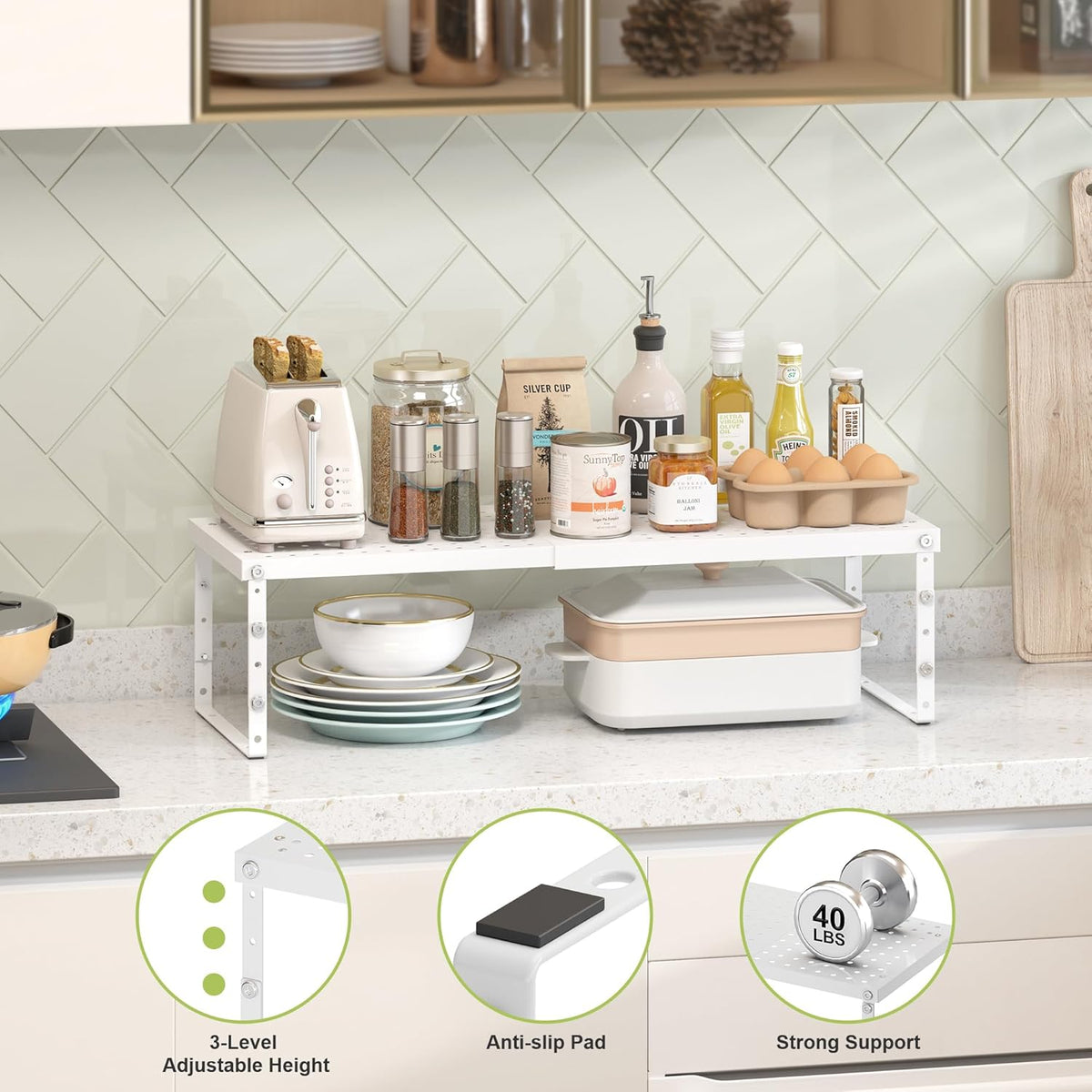 Expandable Cabinet Organizer Shelf With Adjustable Height, Stackable Kitchen Countertop Organizer