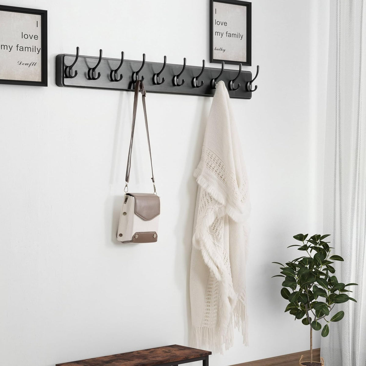 Dseap Wall Mounted Coat Rack: 38-1/4" Long, Patented, Heavy-Duty, 10-Double-Hooks Wooden Hanger