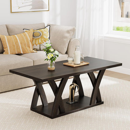 47” Wood Coffee Tables for Living Room Rustic Stands with Storage Shelf Brown Coffee Tables for