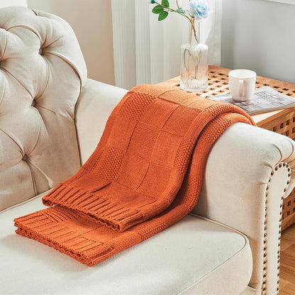 CozeCube Check Knit Throw Blanket, Rust Orange Checkered Throw for Couch, Decorative Christmas Soft