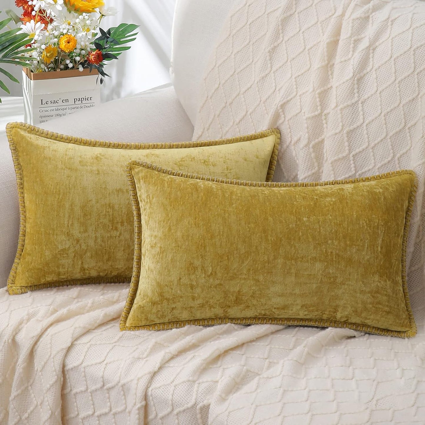decorUhome Chenille Soft Throw Pillow Covers 12x20 Set of 2, Lumbar Velvet Farmhouse Neutral