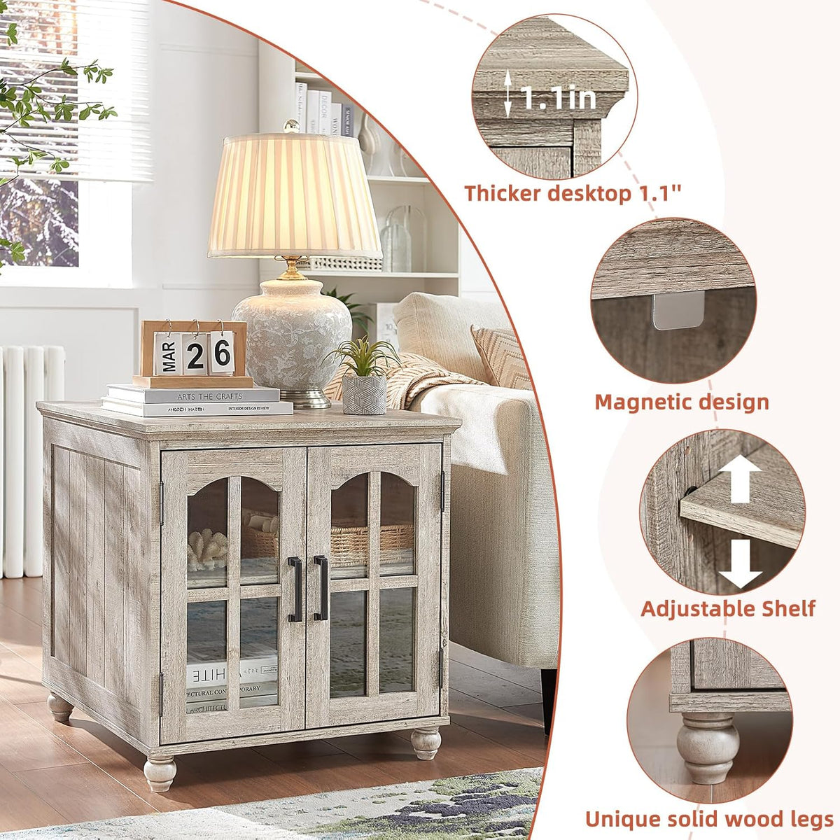 Farmhouse End Table with Charging Station,24" Large Sofa Side Table with Glass Barn Door,Rustic