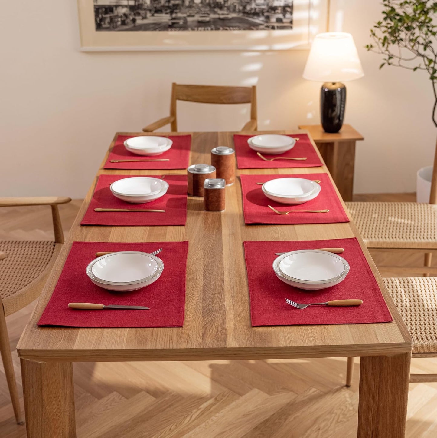 Demetex Christmas Placemats Set of 6 Red Linen Wipeable Place Mats Heat Resistant Cloth Placemats