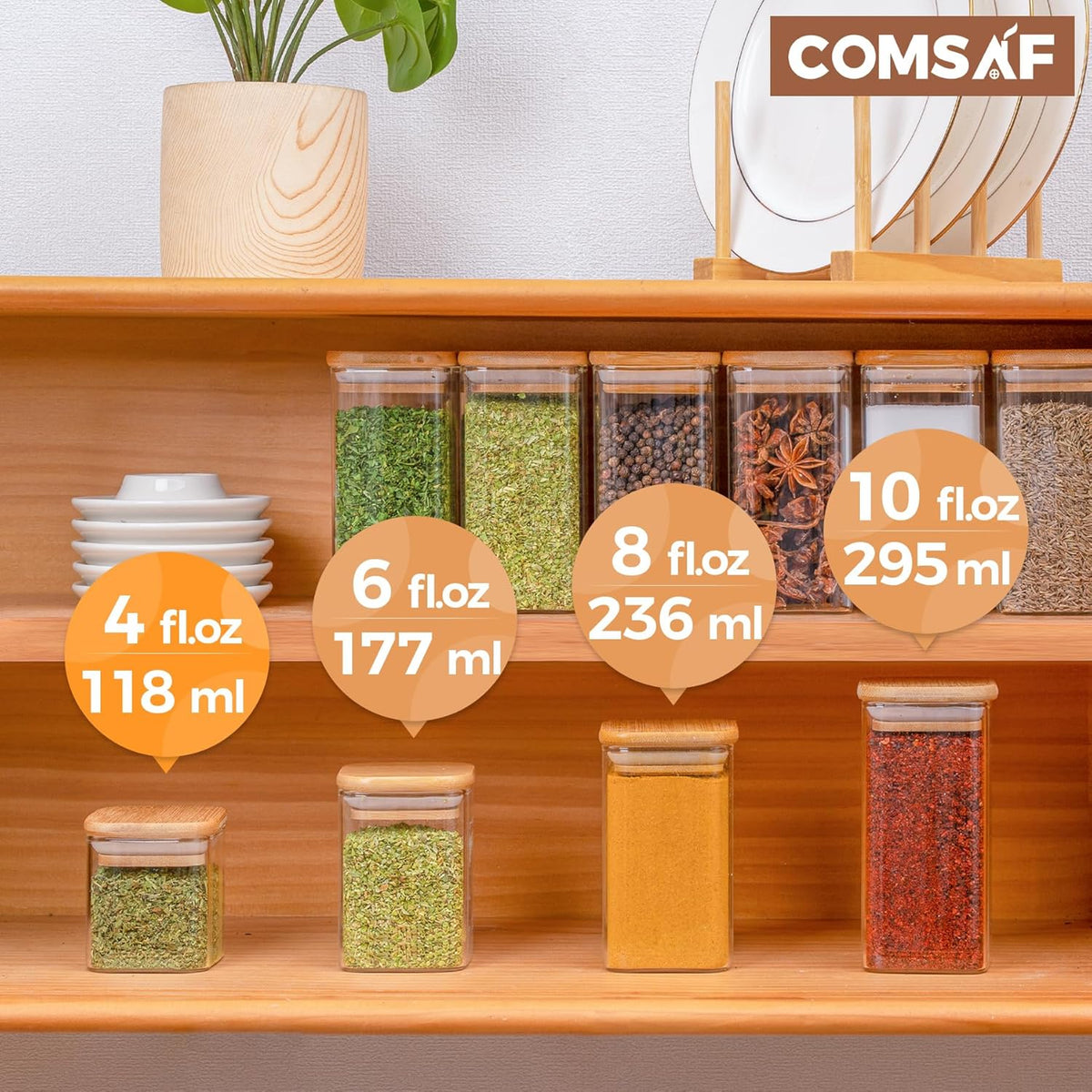 ComSaf 16Pcs Glass Spice Jars with Bamboo Lid, 4oz Airtight Square Spice Containers with 275 Black