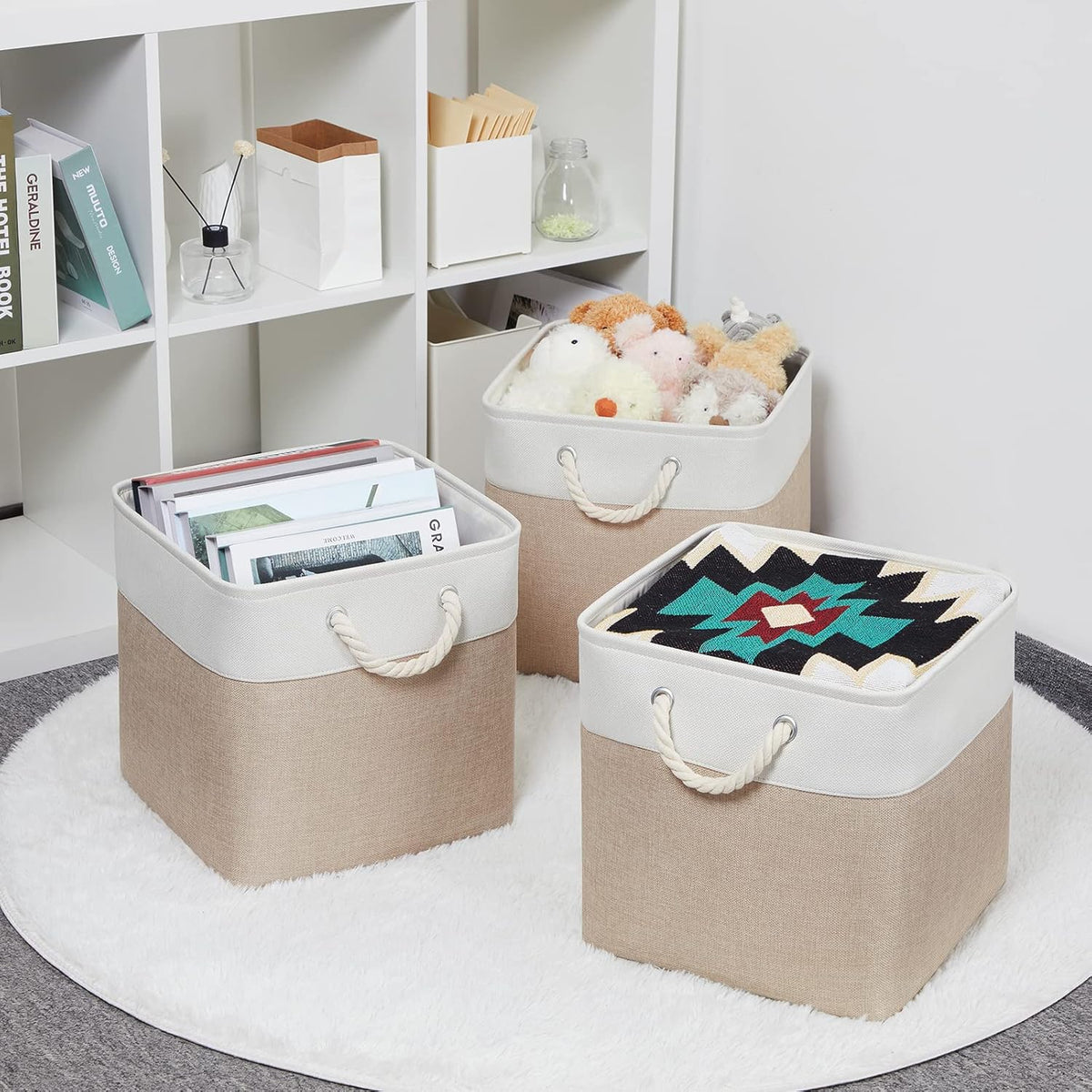 Bidtakay Fabric Storage Baskets for Organizing Beige 13 Inch Collapsible Square Baskets 3 Pack