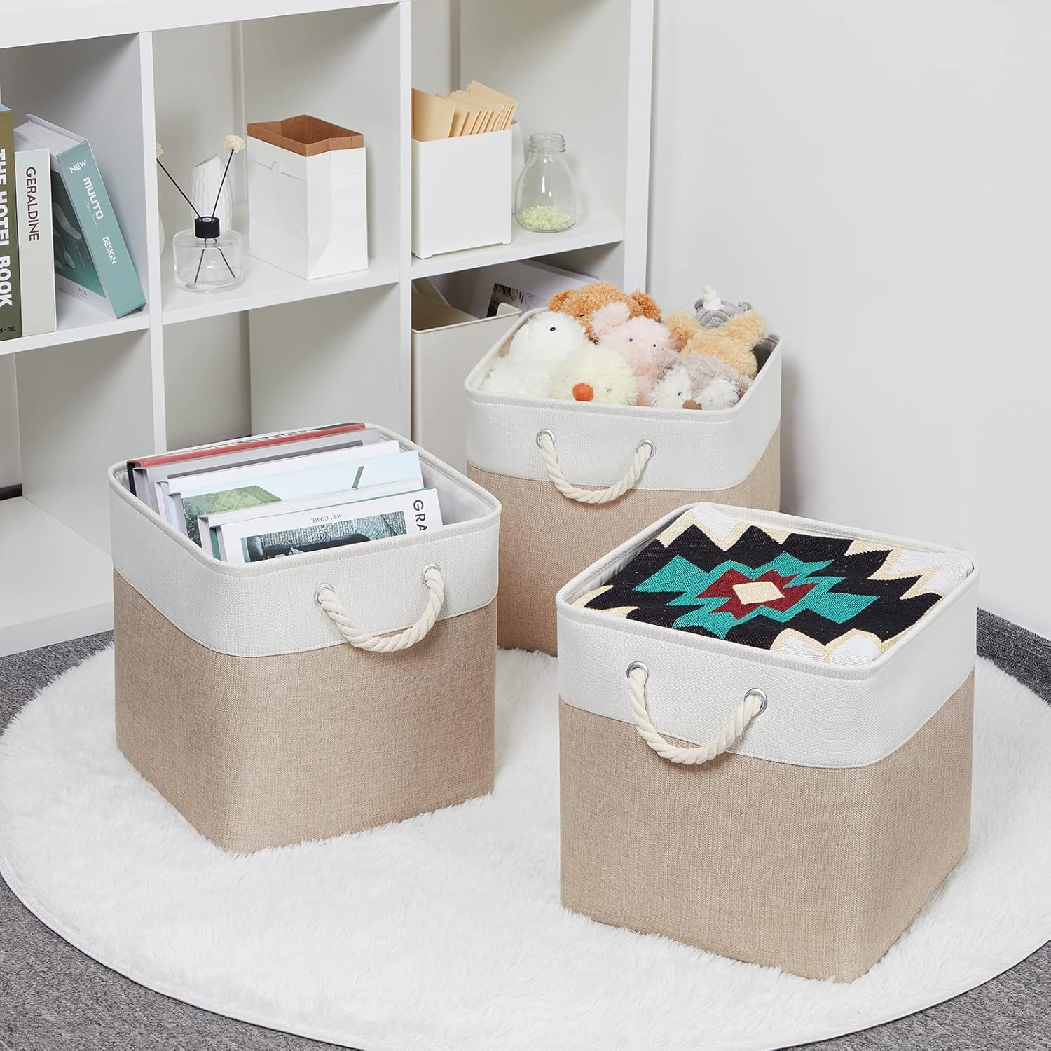 Bidtakay Fabric Storage Baskets for Organizing Beige 13 Inch Collapsible Square Baskets 3 Pack