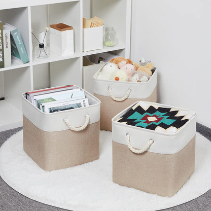 Bidtakay Fabric Storage Baskets for Organizing Beige 13 Inch Collapsible Square Baskets 3 Pack