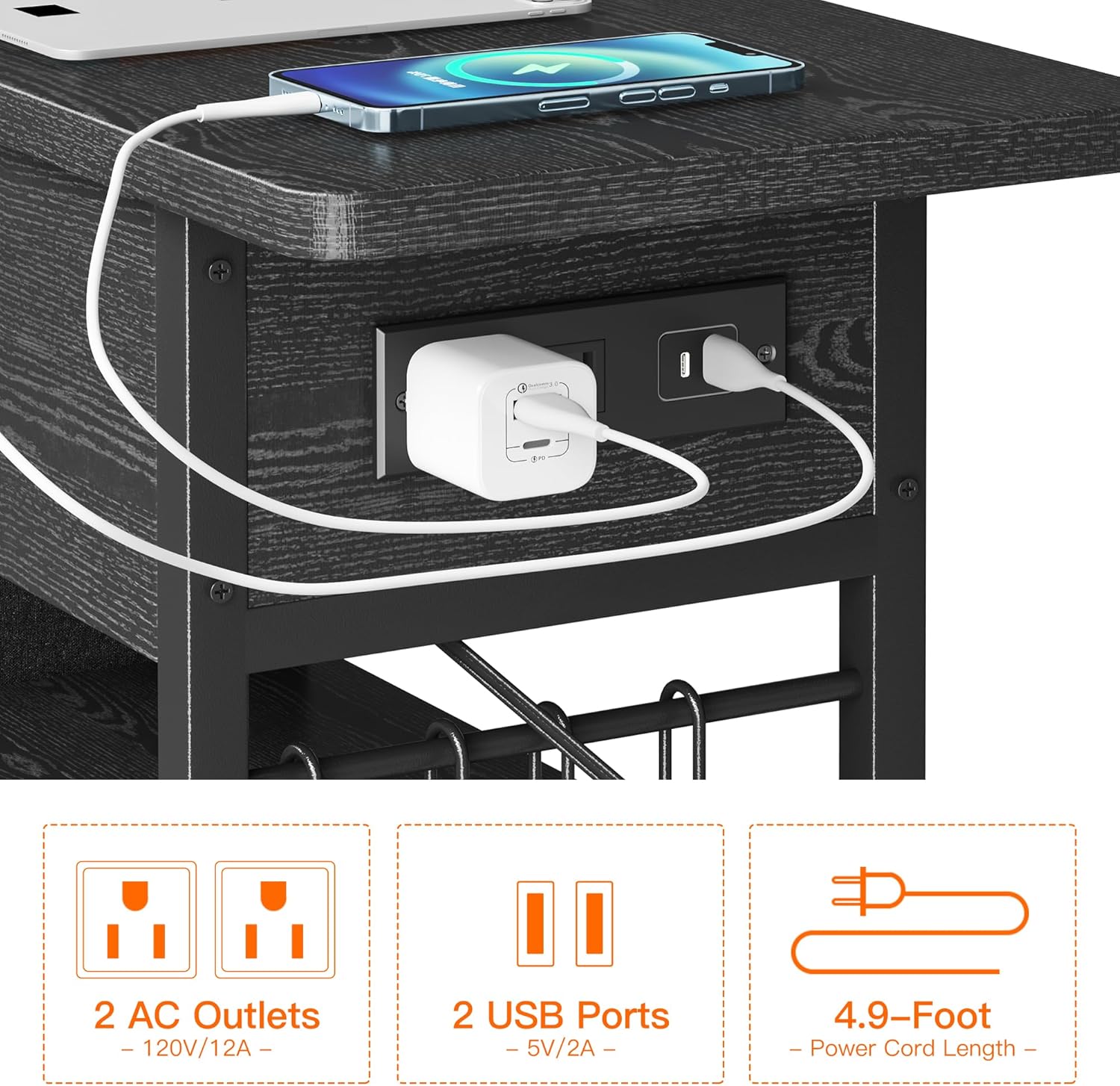 End Table with Charging Station, Flip Top Nightstand with USB Ports and Outlets,Couch Side Table