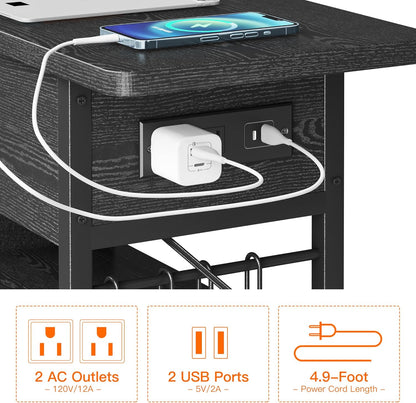 End Table with Charging Station, Flip Top Nightstand with USB Ports and Outlets,Couch Side Table
