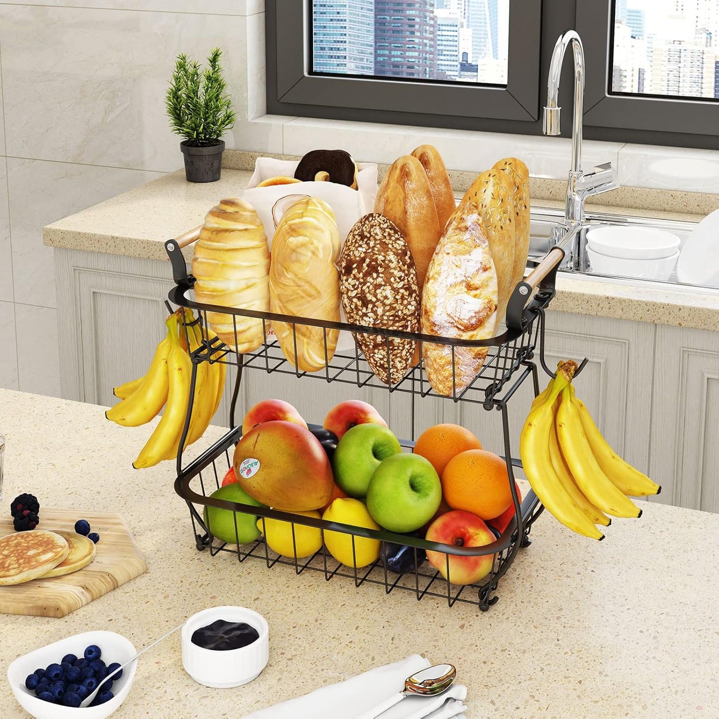 ANTOPY 2 Tier Fruit Basket with 2 Banana Hangers, Countertop Fruit Vegetable Basket Bowl for