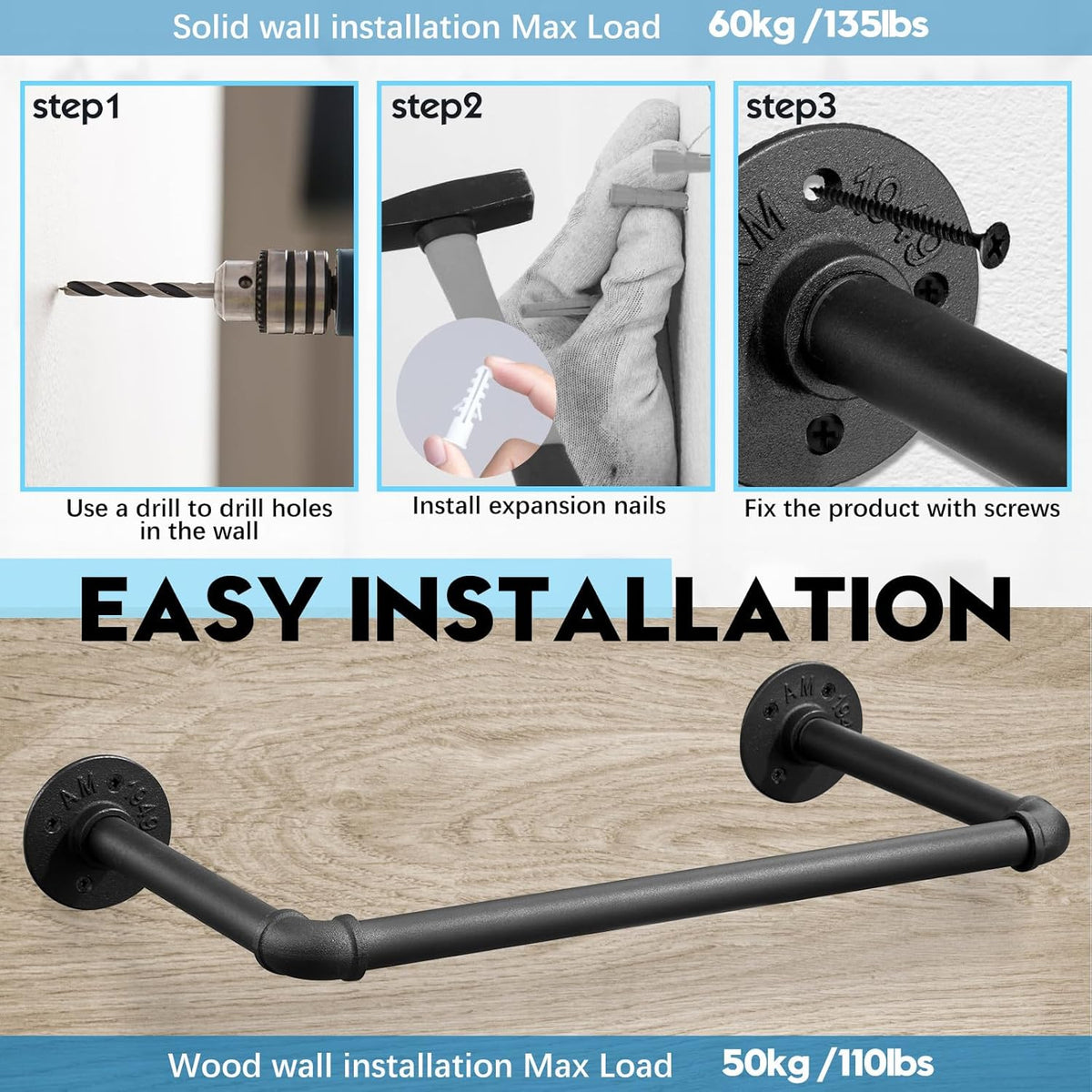 Industrial Pipe Clothes Rack Set of 2, 21” Heavy Duty Wall Mounted Clothing Rack Multi-Purpose